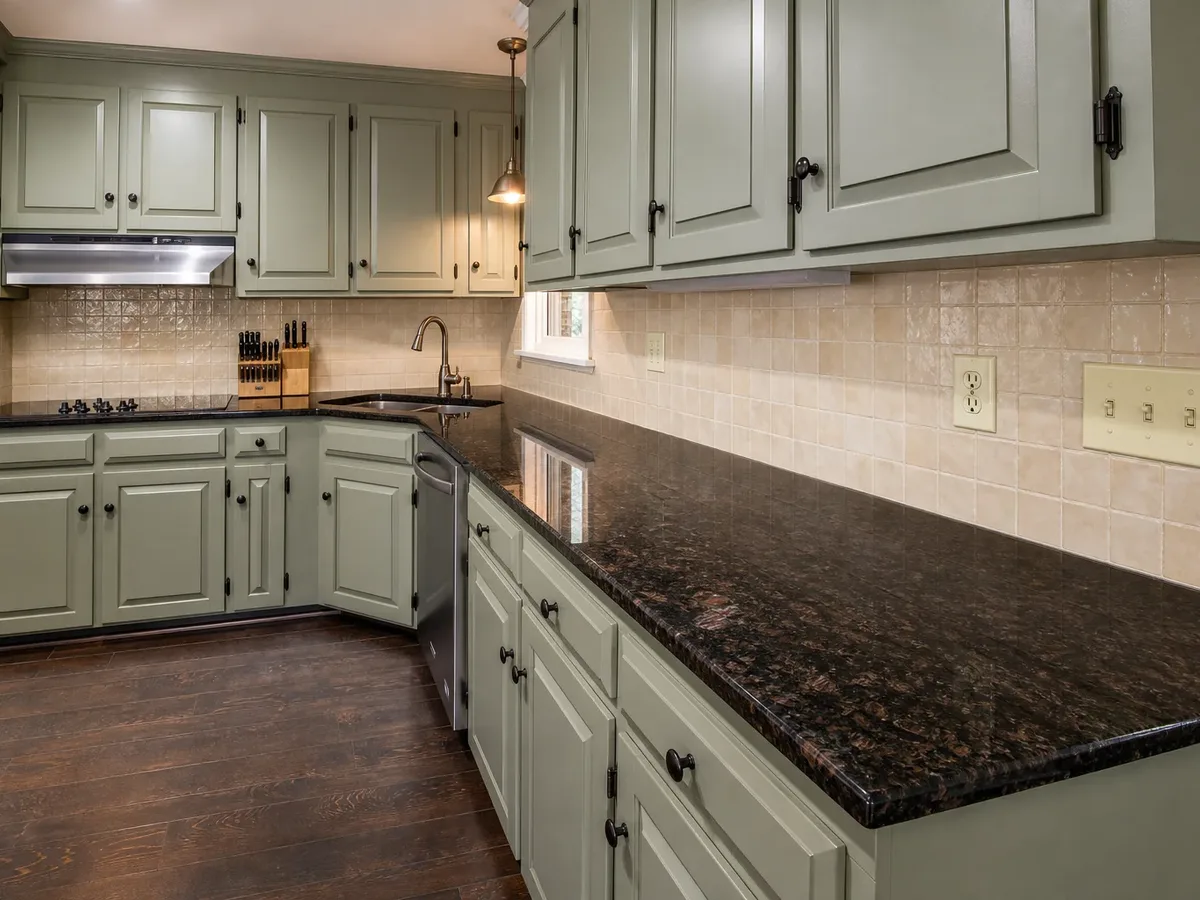 Muted green painted kitchen cabinets showing a colored paint direction.