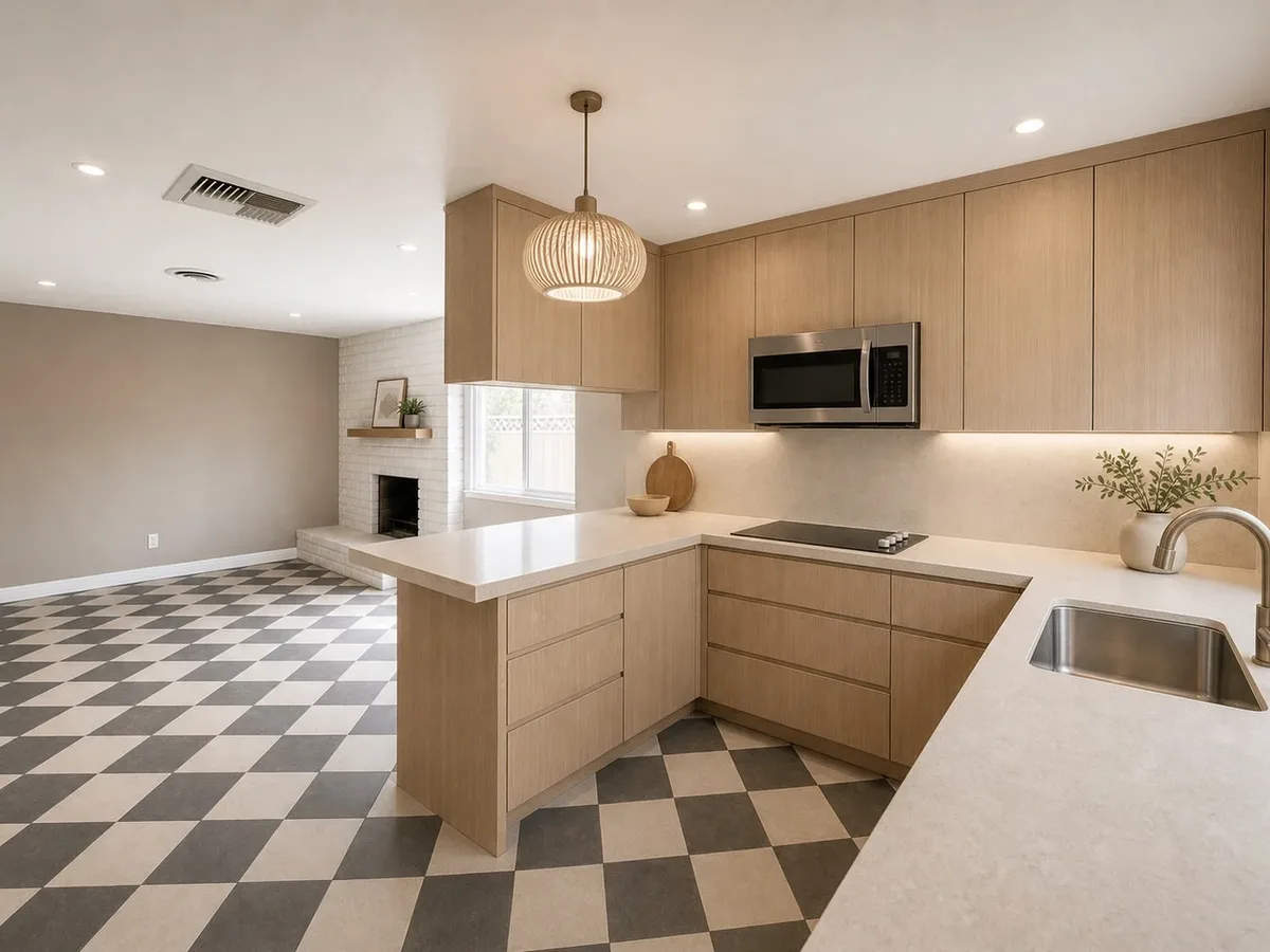 Modern kitchen with light natural wood cabinets, white counters, and a black and white floor.