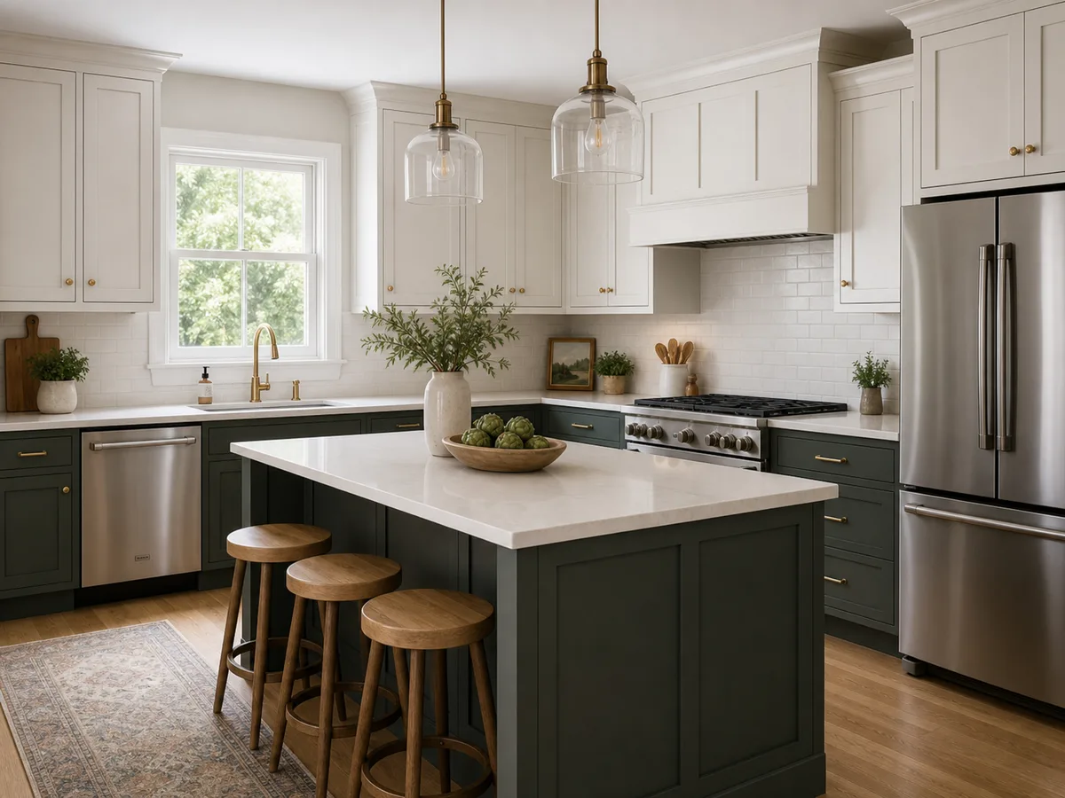 Kynelio concept preview with warm white upper cabinets and muted green lower cabinets and island.