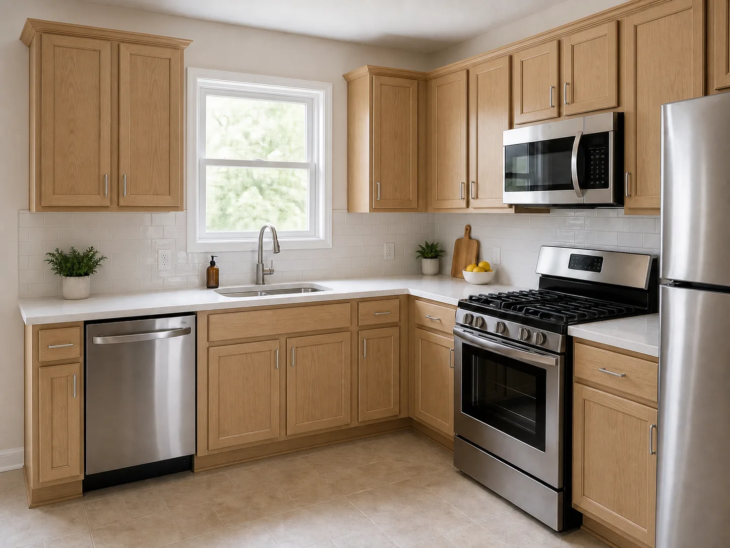Before and after kitchen cabinet preview with natural oak cabinet tone.