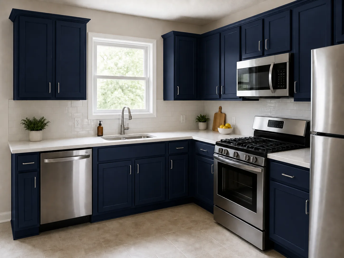 Before and after kitchen cabinet preview with deep navy painted cabinets.