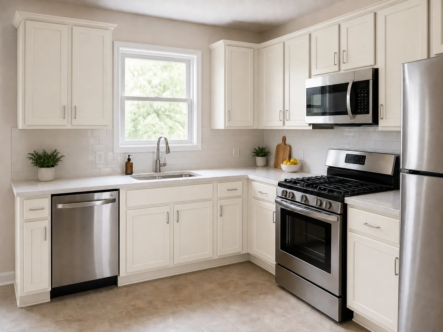Before and after kitchen cabinet preview with warm white painted cabinets.