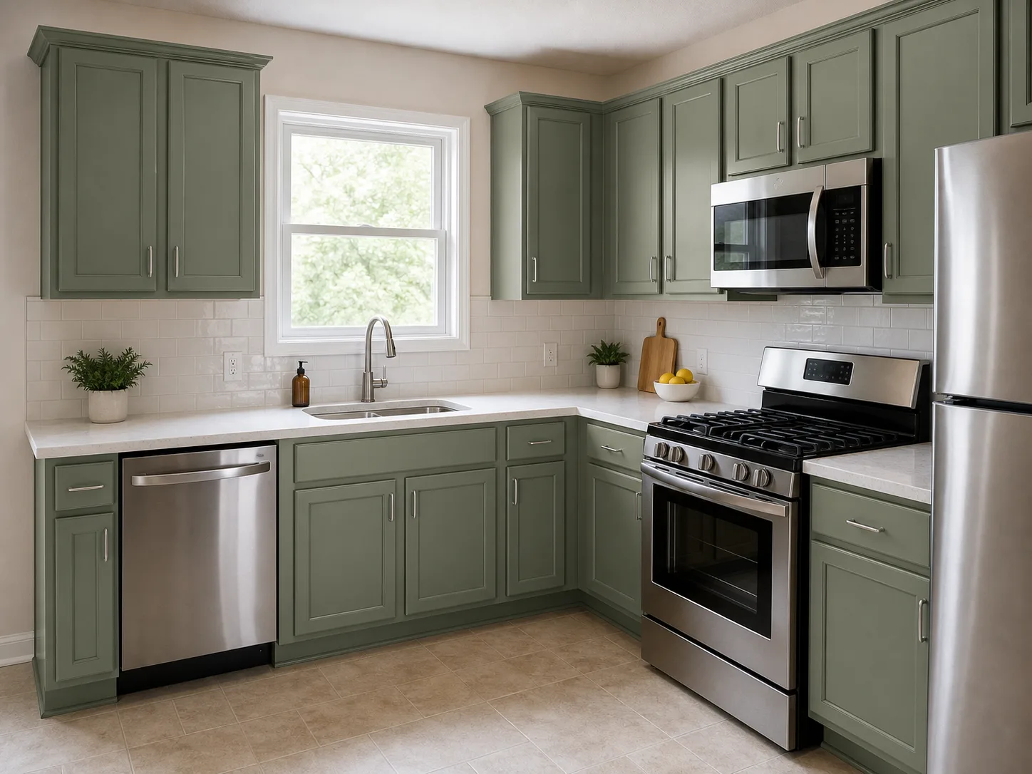 Before and after kitchen cabinet preview with muted sage green painted cabinets.