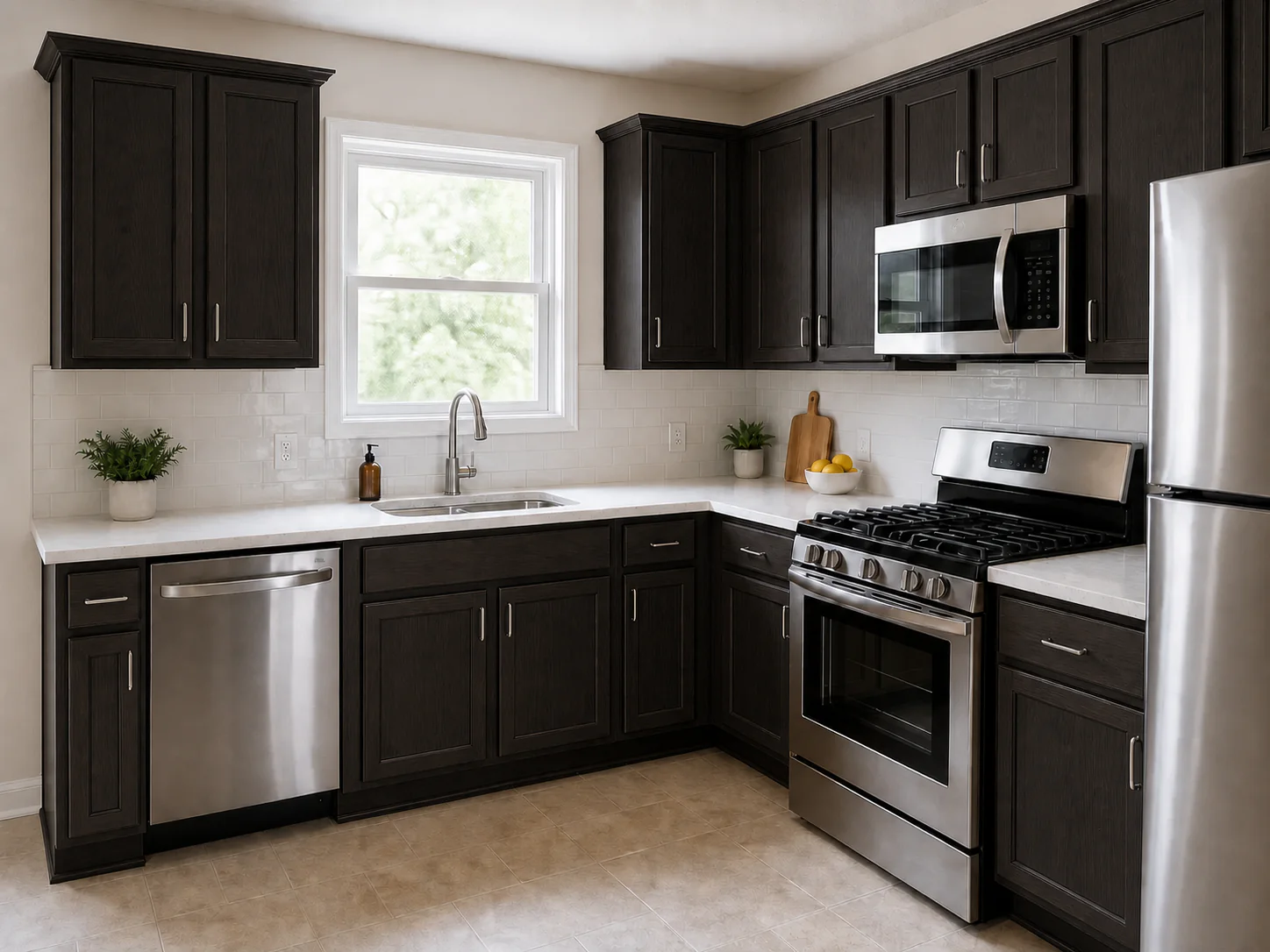 Illustrative kitchen with near-black espresso stained wood cabinets and subtle grain.