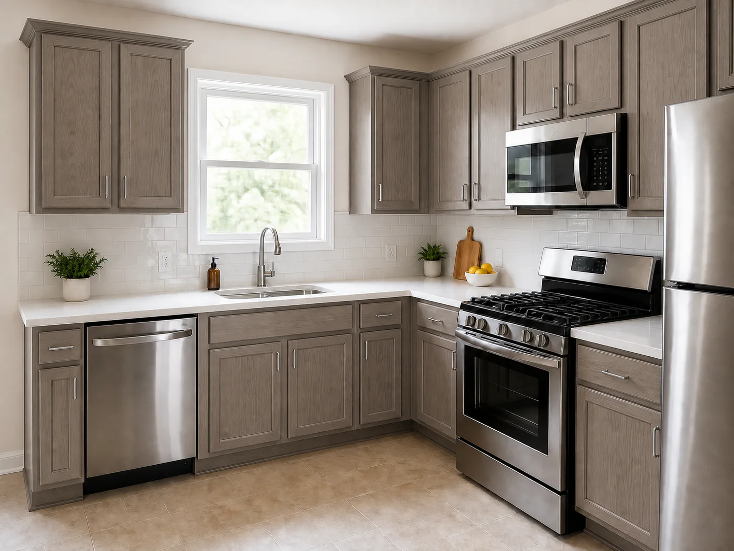 Illustrative kitchen with cool gray-taupe stained wood cabinets and visible grain.
