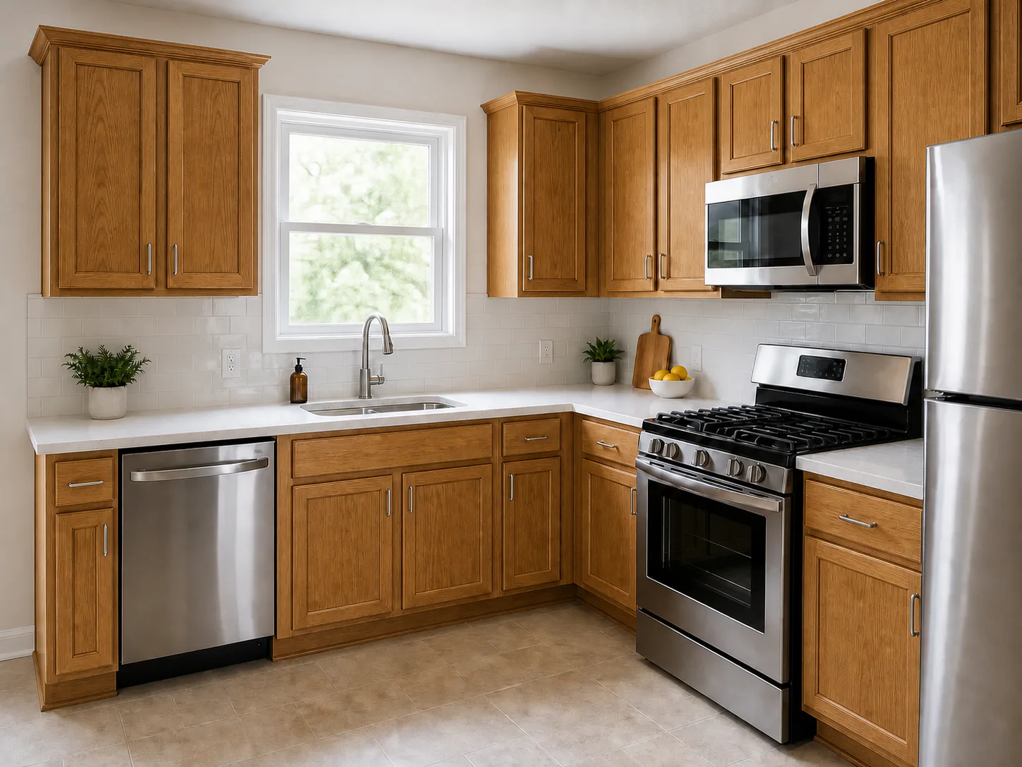 Illustrative kitchen with warm honey-golden stained wood cabinets and visible grain.