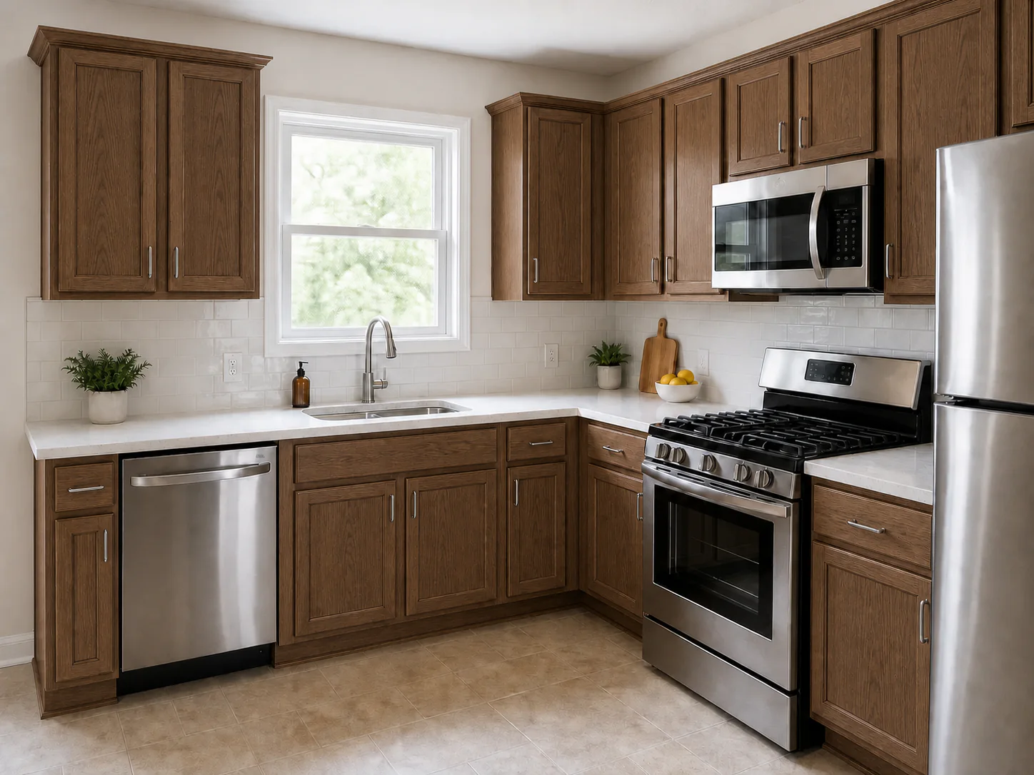 Illustrative kitchen with balanced medium-brown stained wood cabinets and visible grain.
