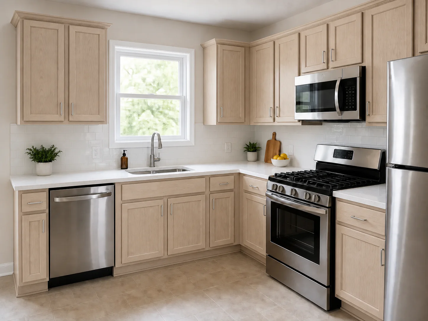 Illustrative kitchen with pale neutral stained wood cabinets and visible grain.