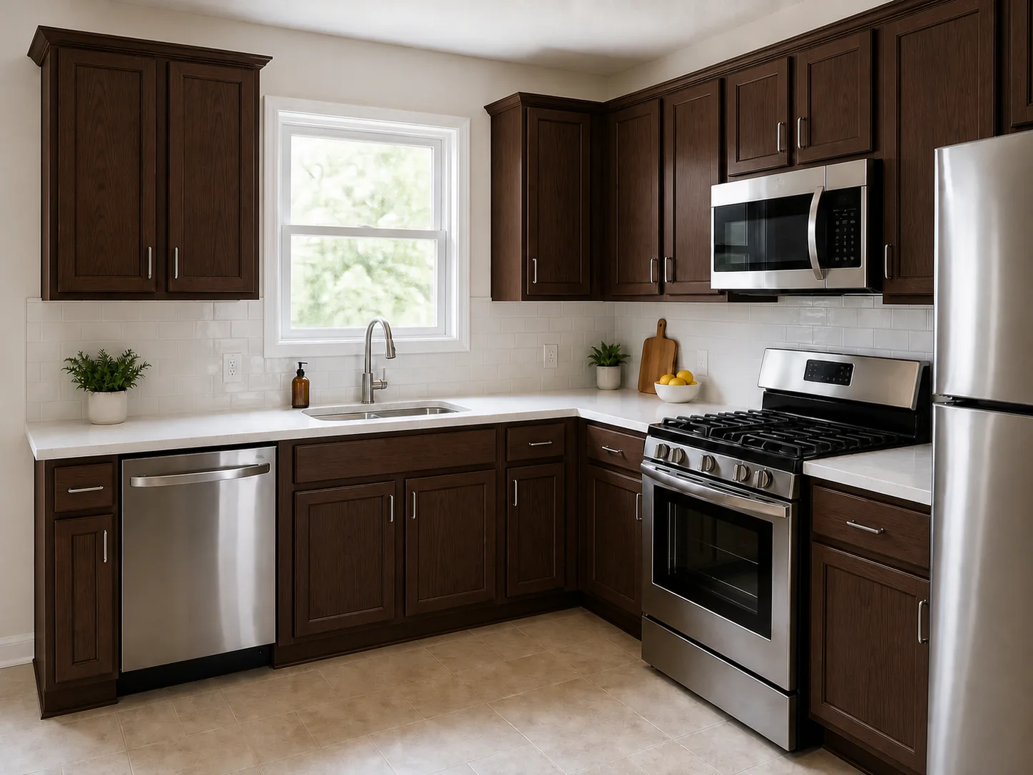 Illustrative kitchen with deep walnut-brown stained wood cabinets and visible grain.