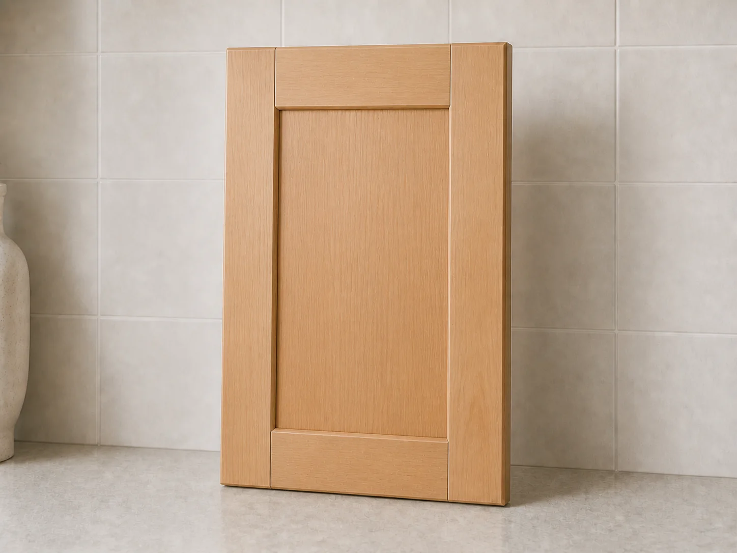 Illustrative natural-clear alder Shaker cabinet door showing a warm tan base and even texture.