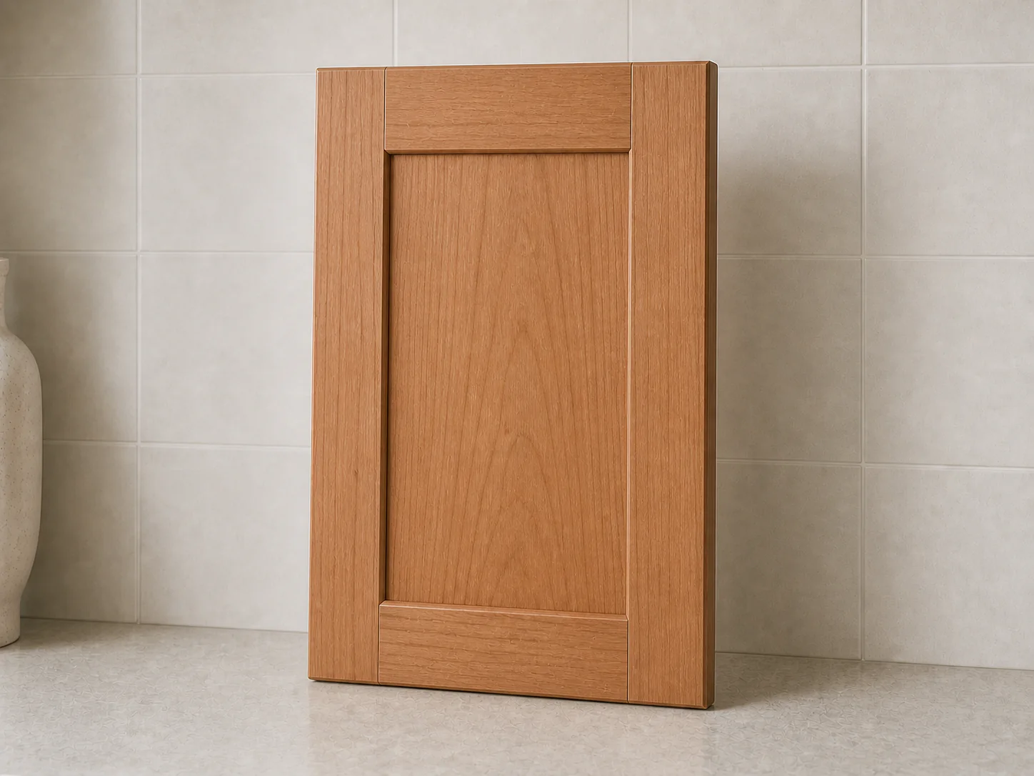 Illustrative natural-clear cherry Shaker cabinet door showing a warm reddish base and fine grain.