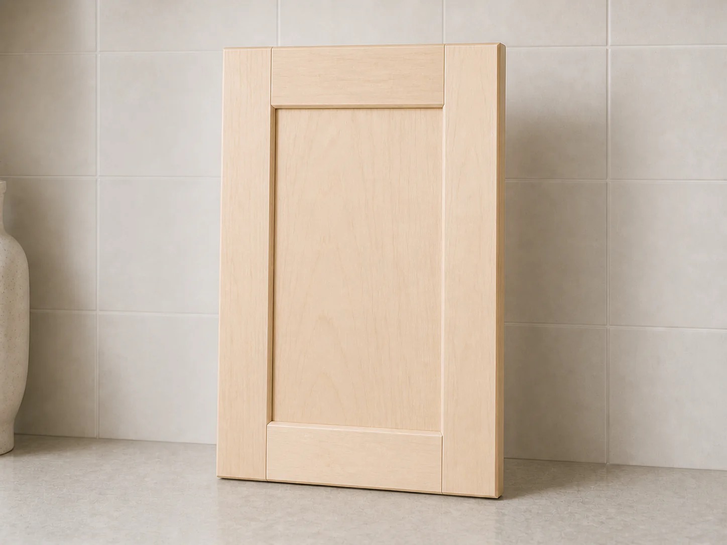 Illustrative natural-clear maple Shaker cabinet door showing a pale base and subtle grain.