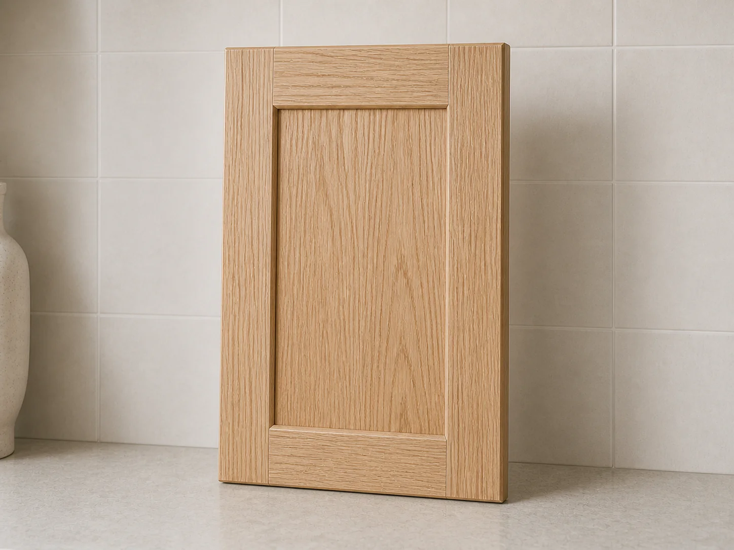 Illustrative natural-clear oak Shaker cabinet door showing pronounced open grain.