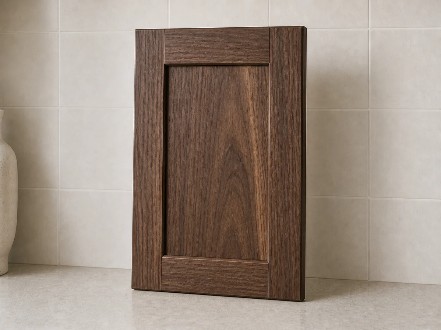 Illustrative natural-clear walnut Shaker cabinet door showing a deep brown base and flowing grain.