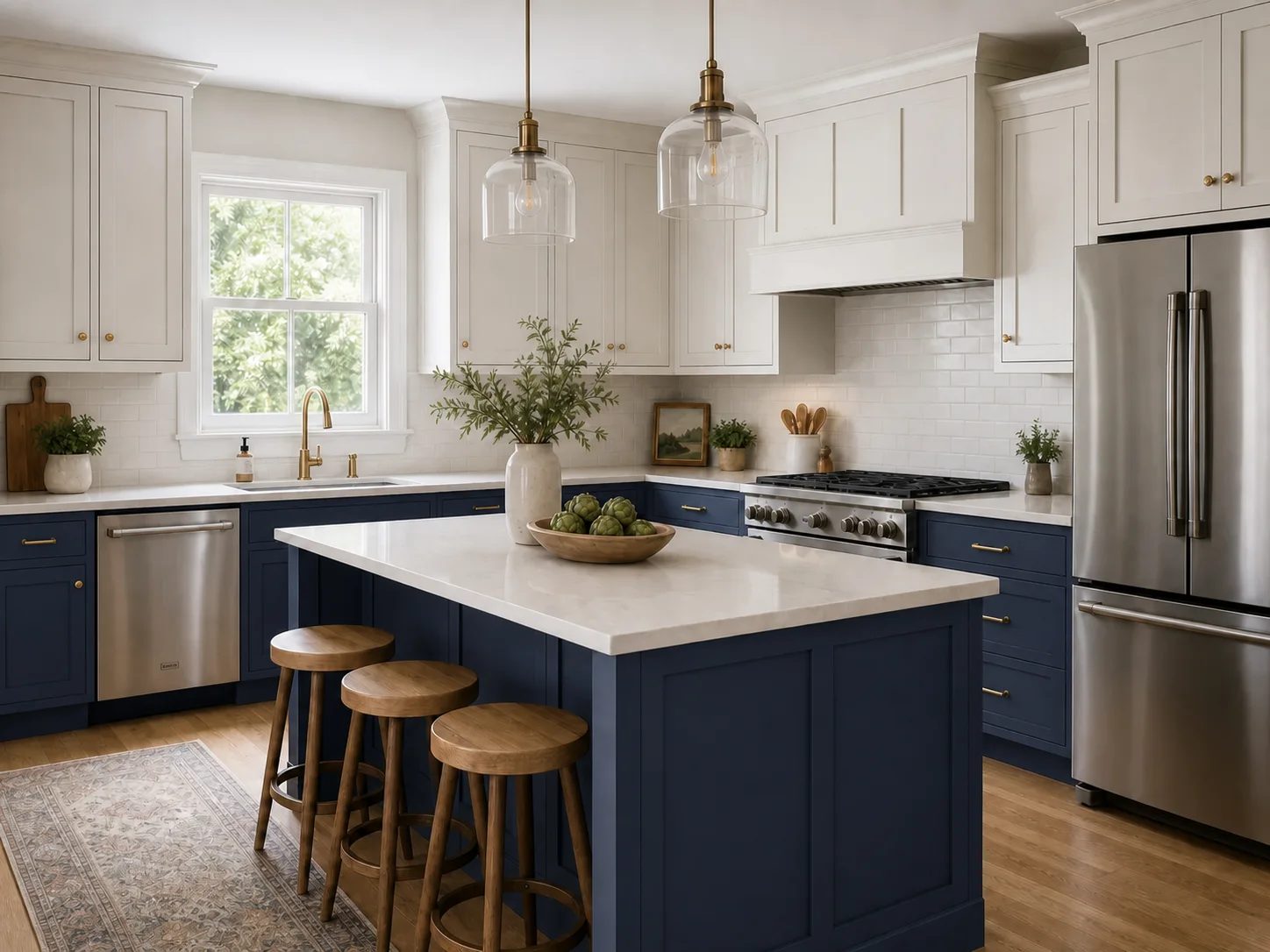 Kynelio concept preview with warm white upper cabinets and muted navy lower cabinets and island.