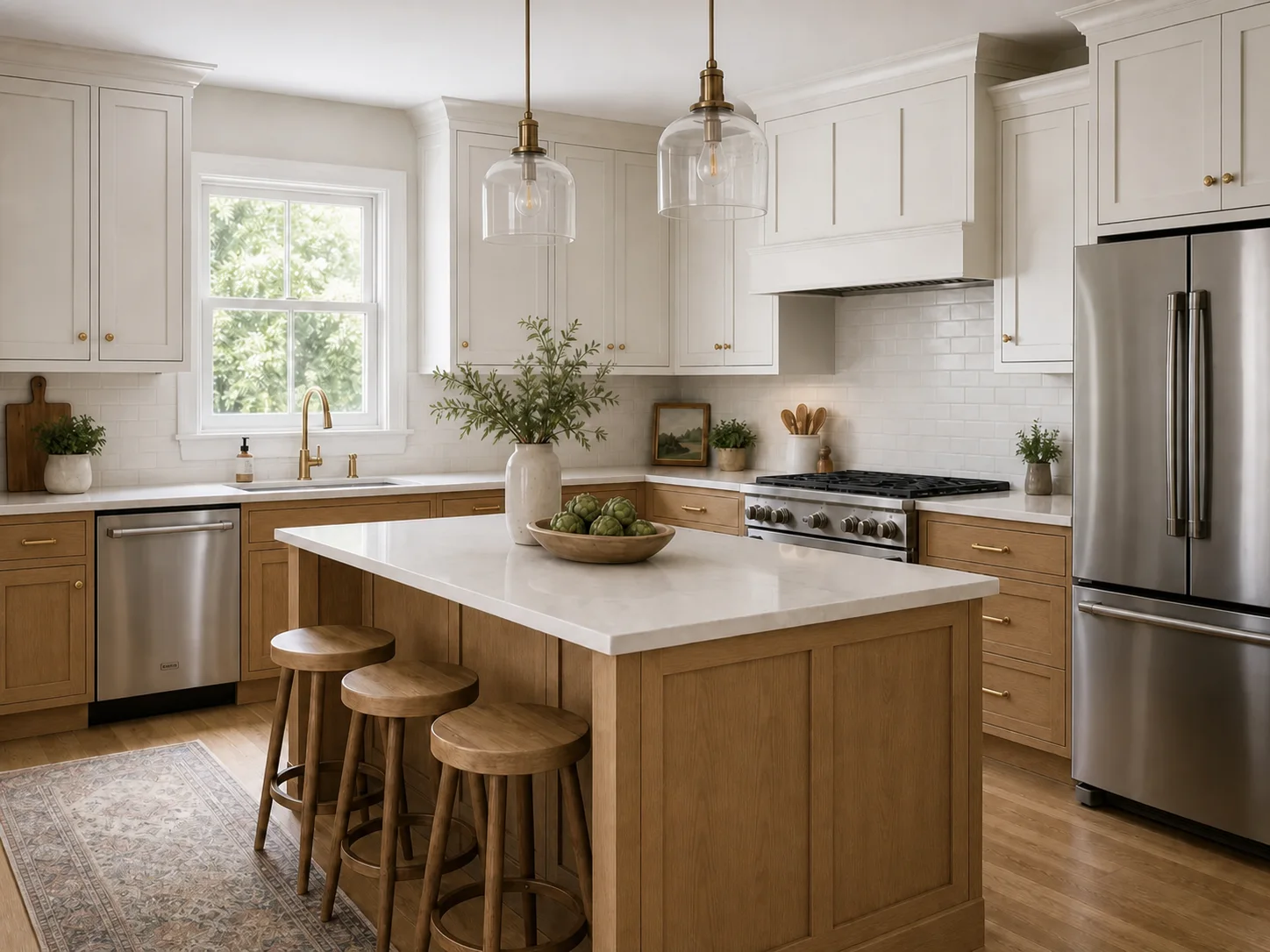 Kynelio concept preview with warm white upper cabinets and natural oak lower cabinets and island.