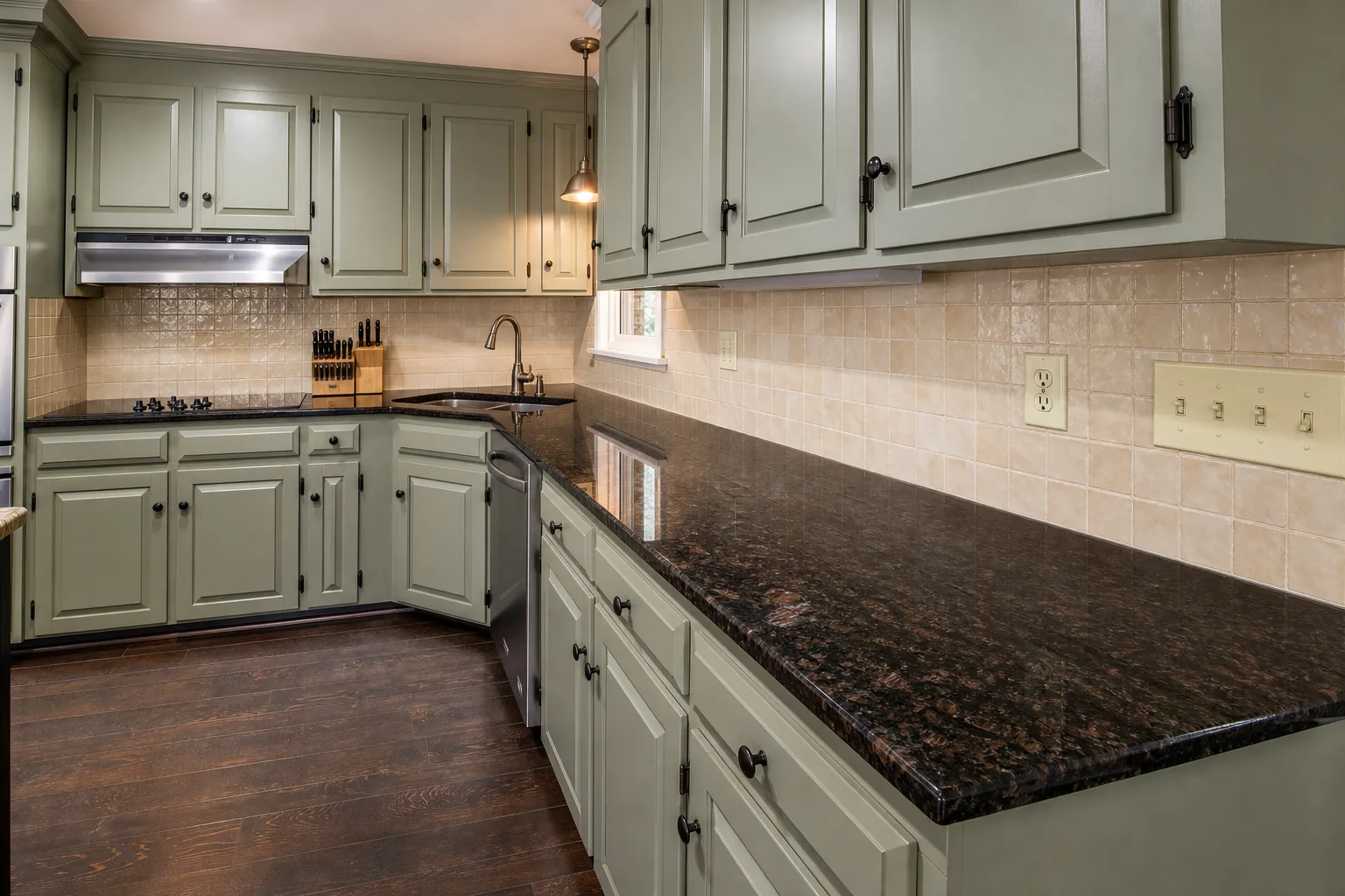Cream handmade-look tile backsplash preview with muted green kitchen cabinets
