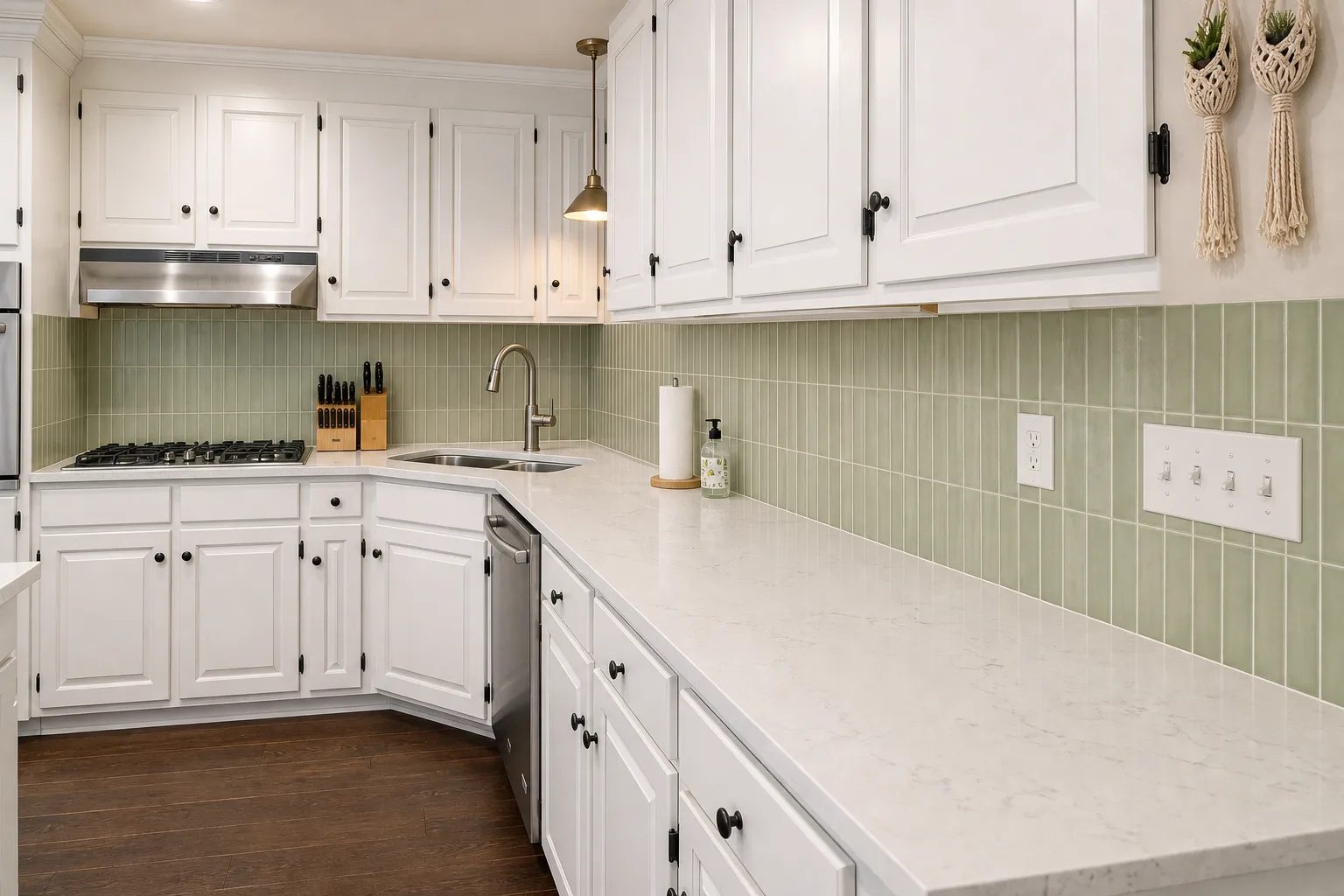 Sage vertical tile backsplash preview with white quartz countertops