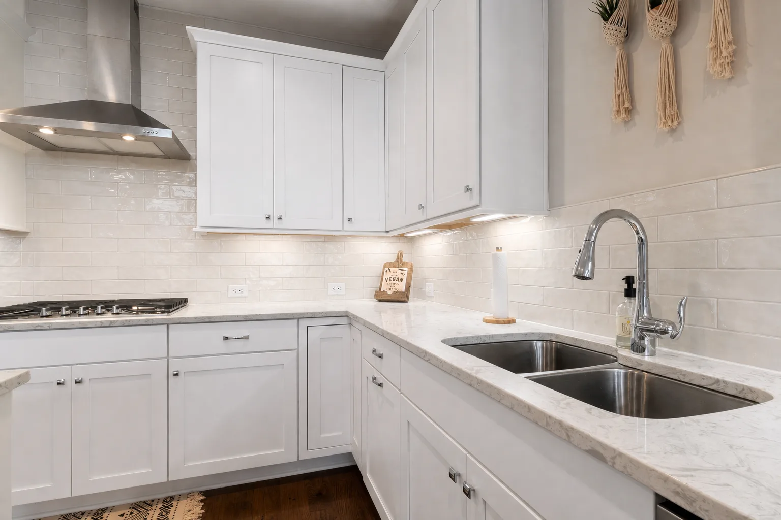 Warm white tile backsplash preview with white kitchen cabinets